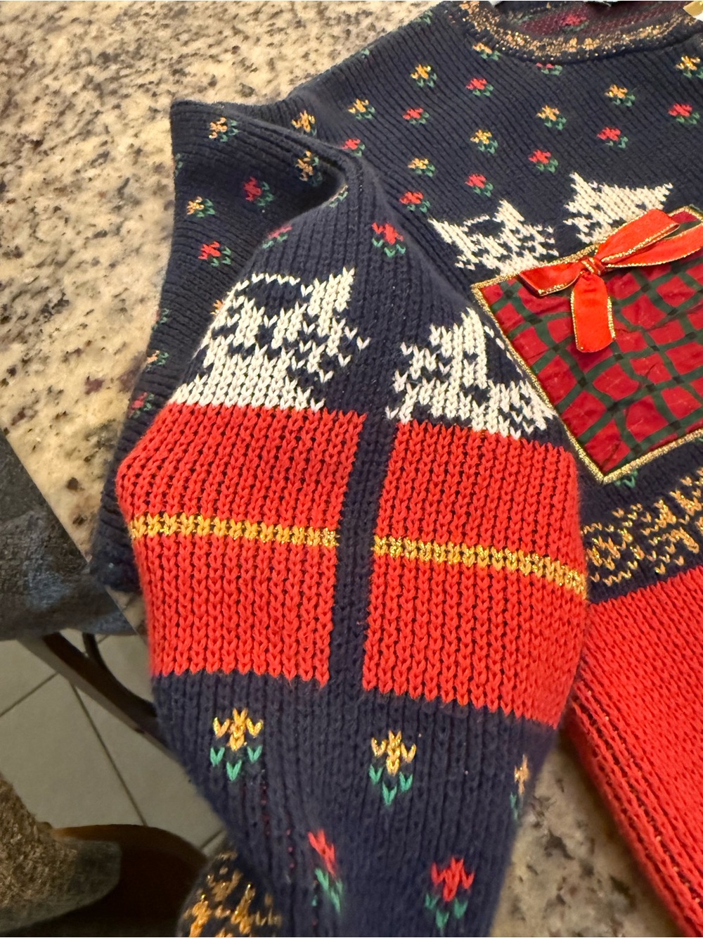 Vintage Sweater Loft Christmas Navy & Red Cat Patchwork Cardigan Sweater - Picture 6 of 10